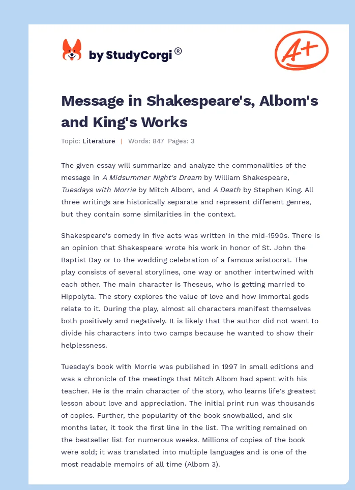 Message in Shakespeare's, Albom's and King's Works. Page 1