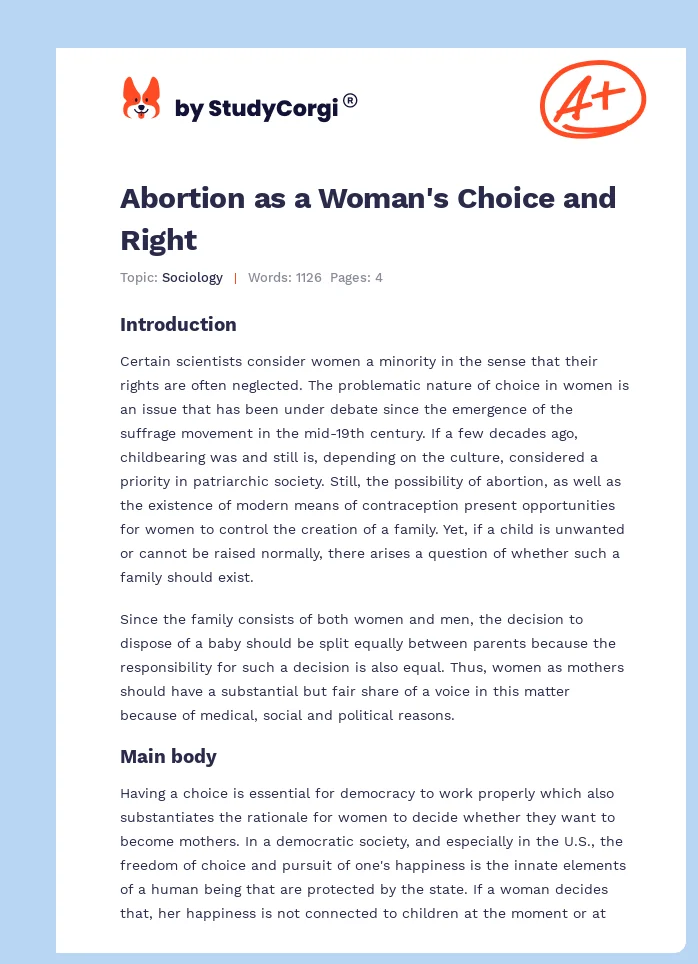 Abortion as a Woman's Choice and Right. Page 1