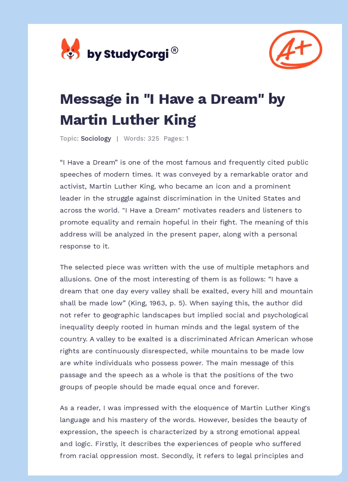 Message in "I Have a Dream" by Martin Luther King. Page 1