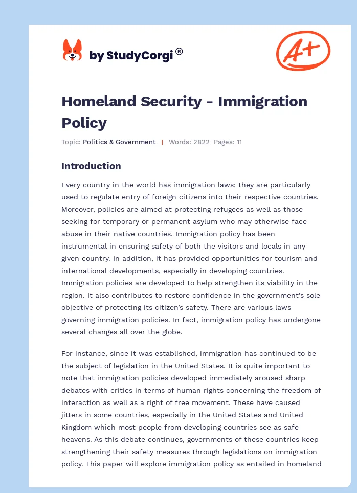 Homeland Security - Immigration Policy. Page 1