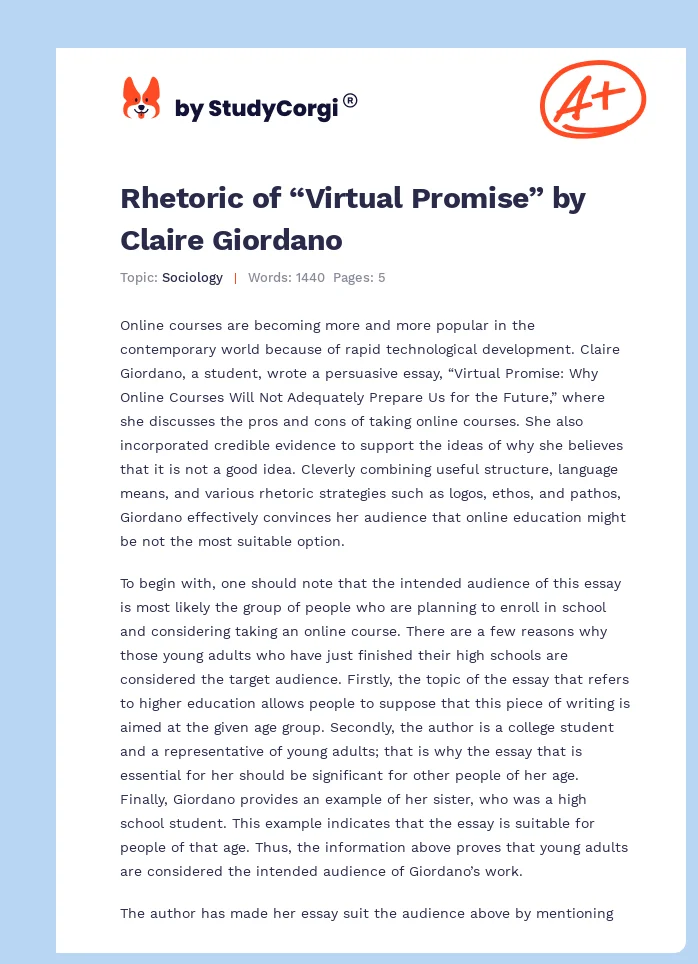 Rhetoric of “Virtual Promise” by Claire Giordano. Page 1