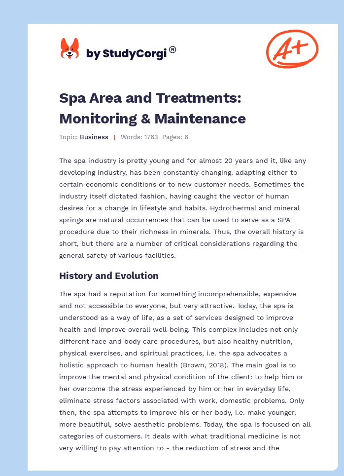 Spa Area and Treatments: Monitoring & Maintenance. Page 1