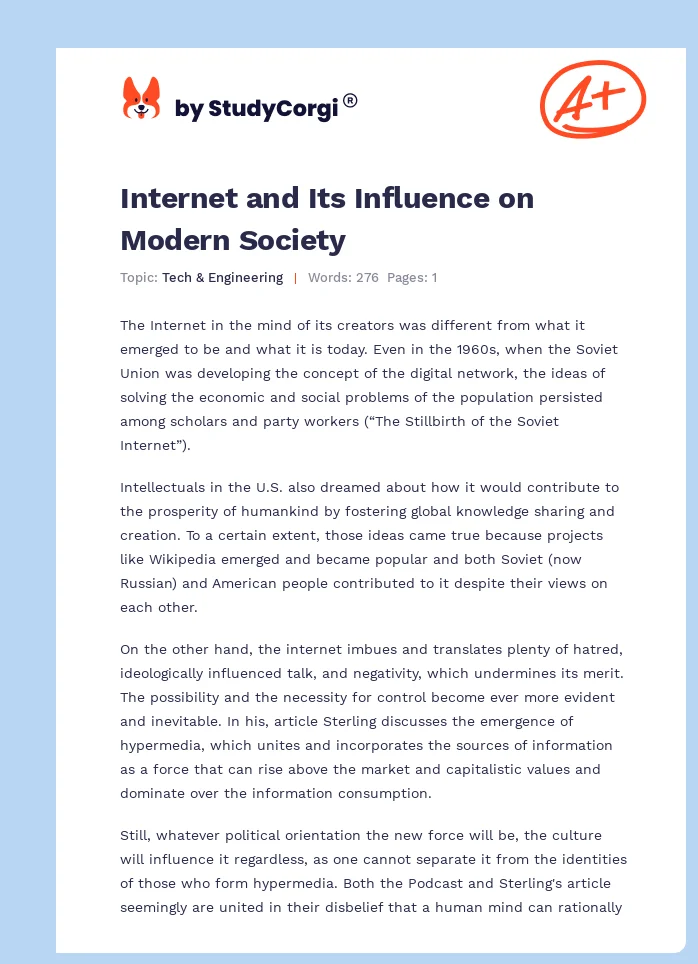 Internet and Its Influence on Modern Society. Page 1
