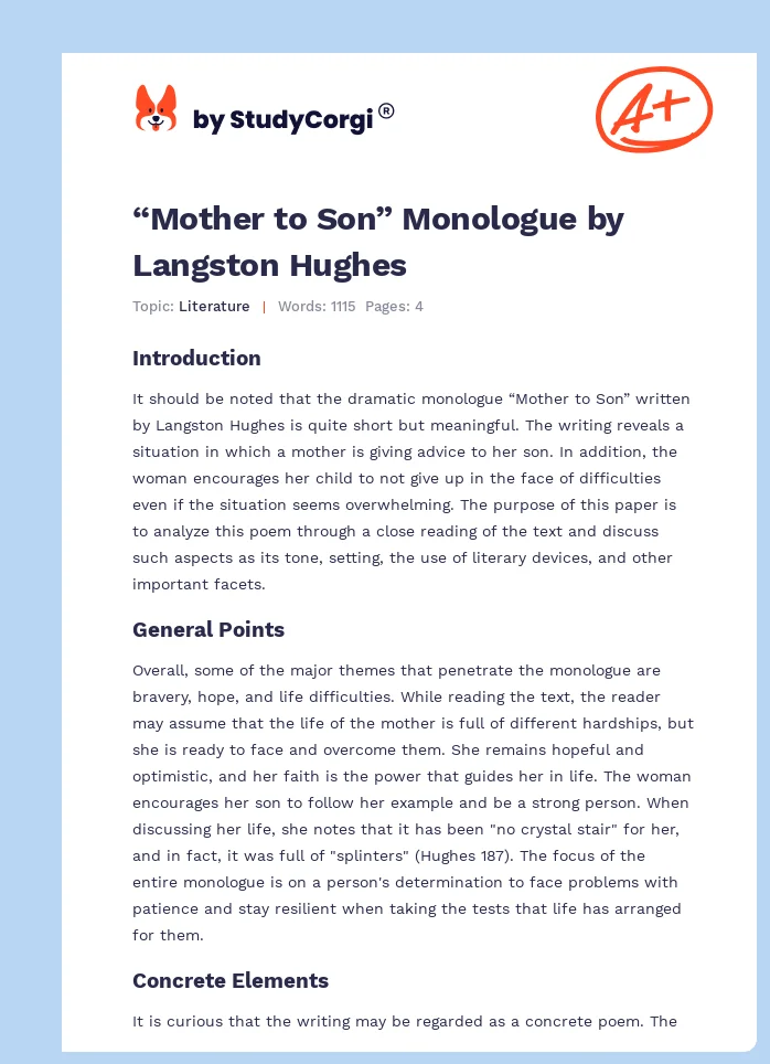 “Mother to Son” Monologue by Langston Hughes. Page 1