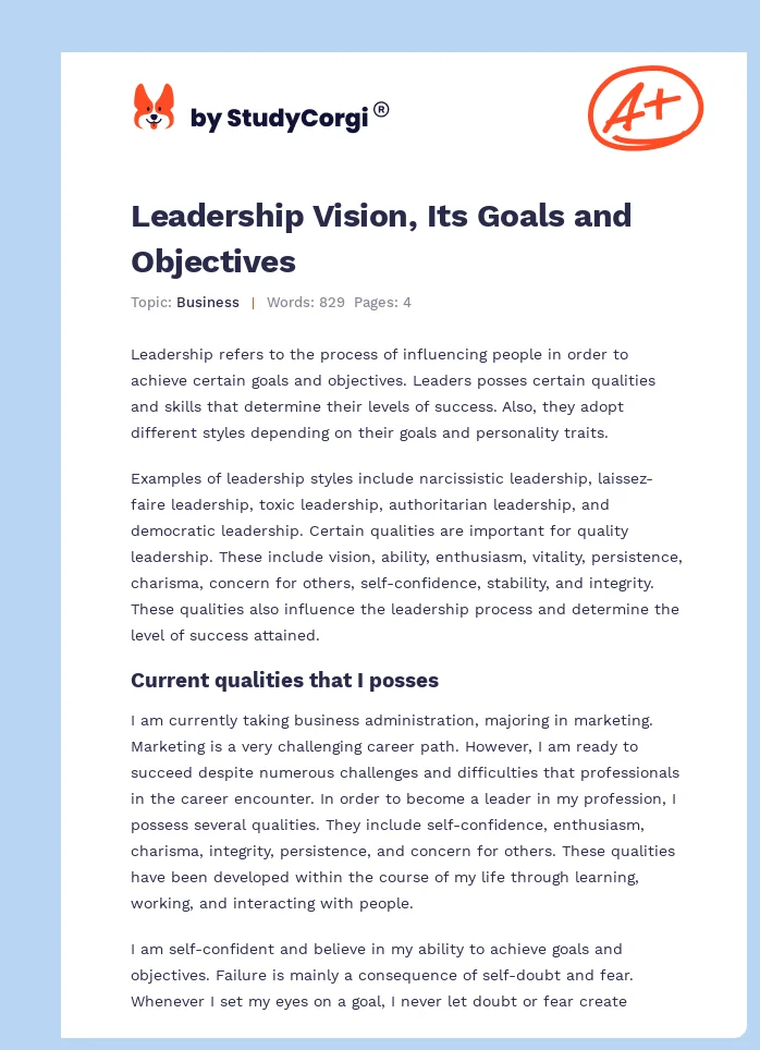 Leadership Vision, Its Goals and Objectives. Page 1