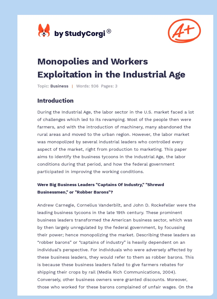 Monopolies and Workers Exploitation in the Industrial Age. Page 1