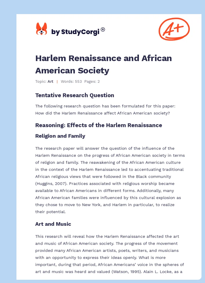 Harlem Renaissance and African American Society. Page 1