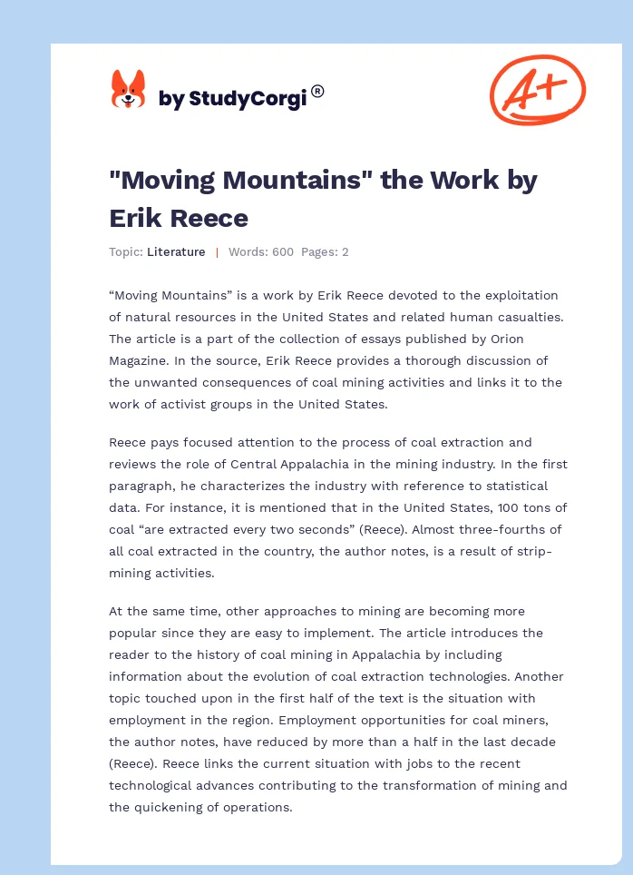 "Moving Mountains" the Work by Erik Reece. Page 1