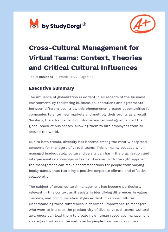 Cross-Cultural Management for Virtual Teams: Context, Theories and Critical Cultural Influences. Page 1