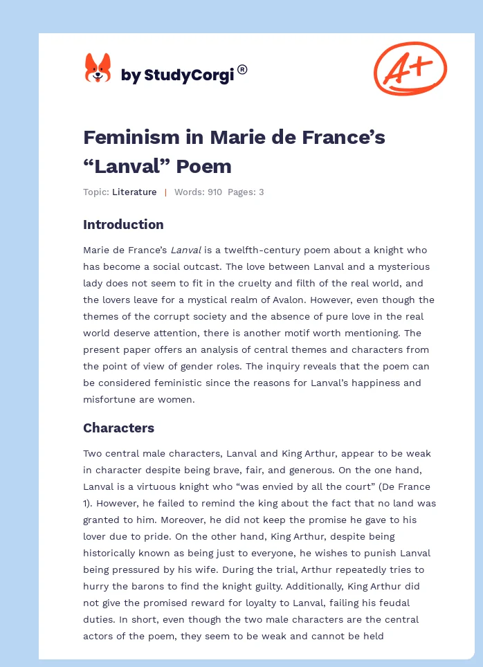 Feminism in Marie de France’s “Lanval” Poem. Page 1