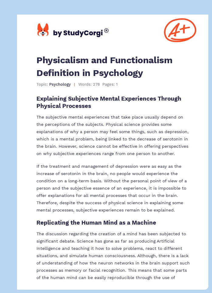 Physicalism and Functionalism Definition in Psychology. Page 1