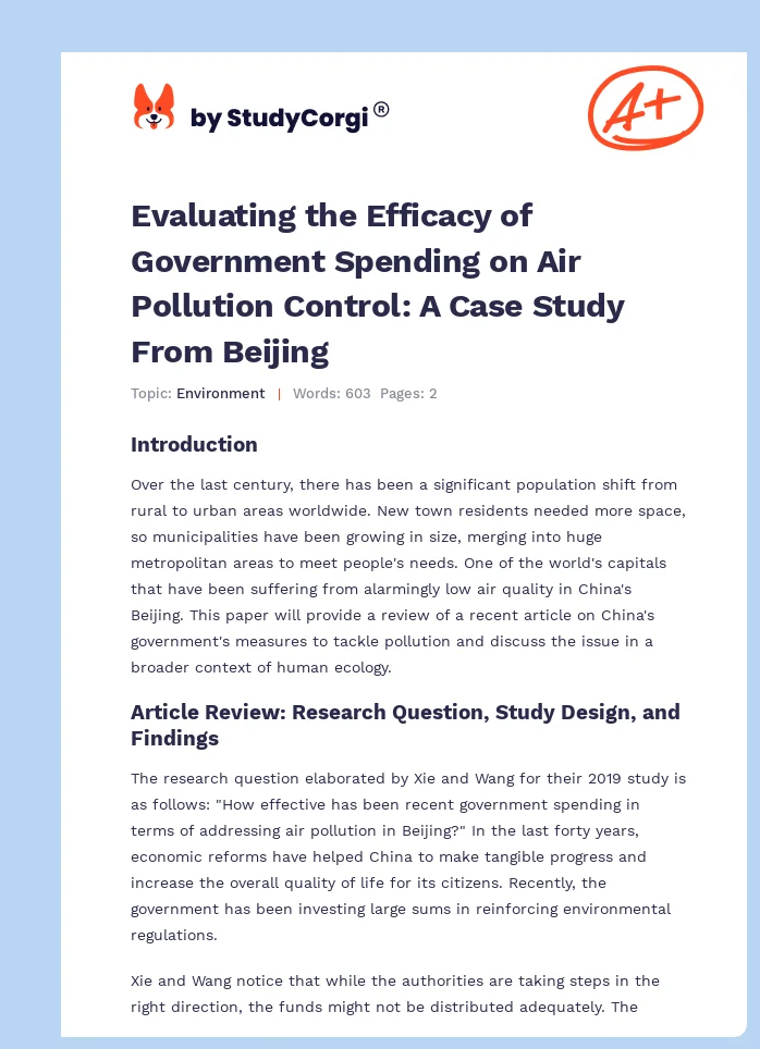 Evaluating the Efficacy of Government Spending on Air Pollution Control: A Case Study From Beijing. Page 1