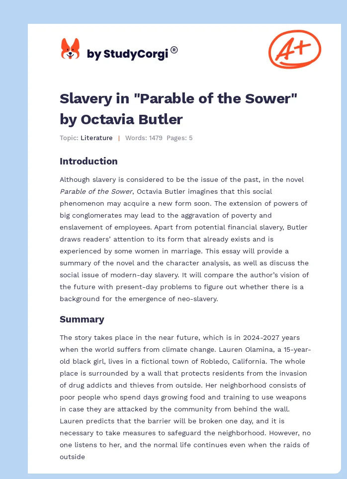 Slavery in "Parable of the Sower" by Octavia Butler. Page 1