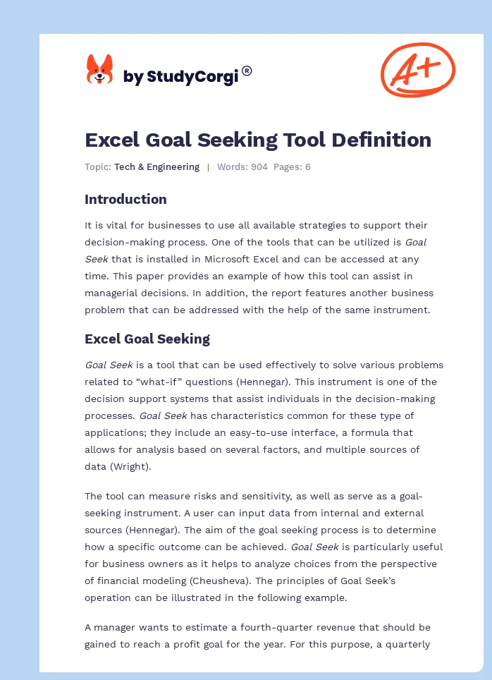 Excel Goal Seeking Tool Definition. Page 1