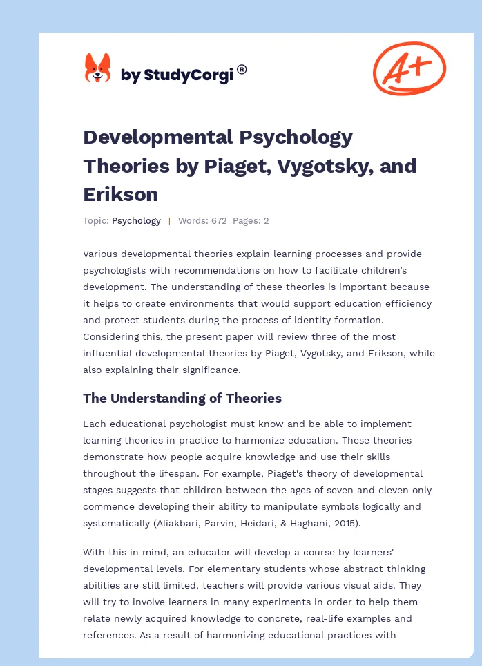Developmental Psychology Theories by Piaget, Vygotsky, and Erikson. Page 1