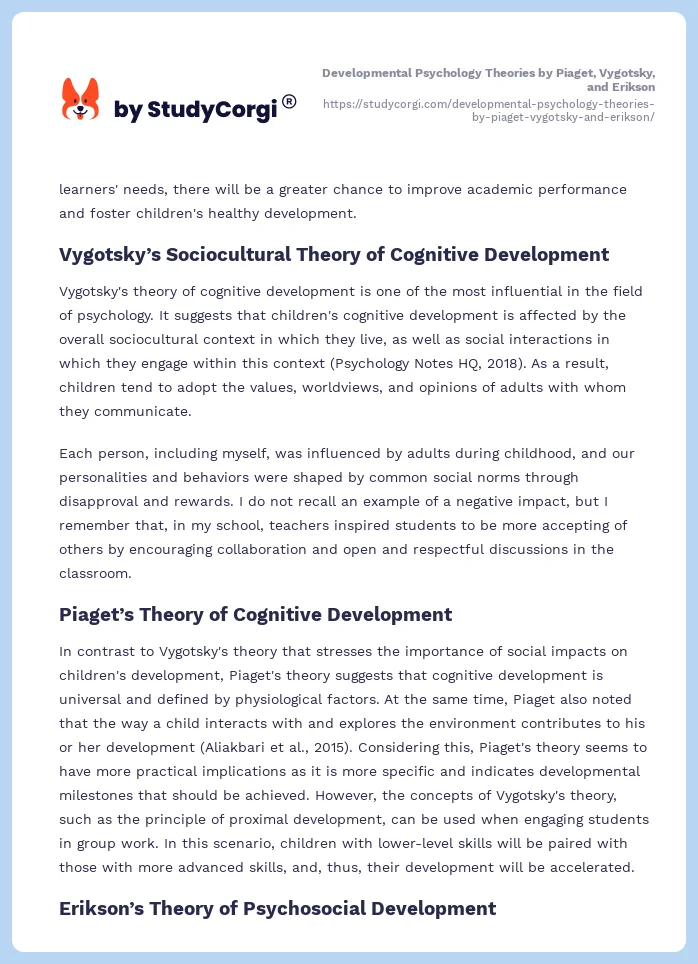 Developmental Psychology Theories by Piaget, Vygotsky, and Erikson. Page 2