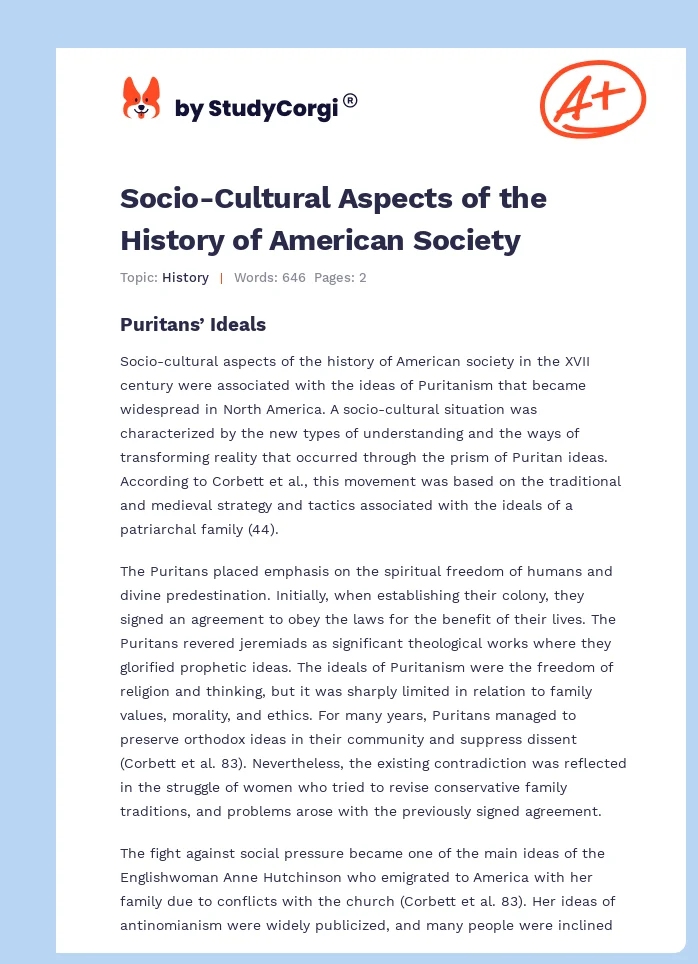 Socio-Cultural Aspects of the History of American Society. Page 1