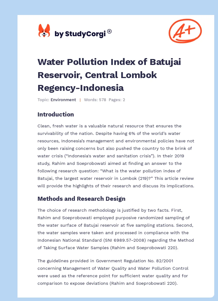 Water Pollution Index of Batujai Reservoir, Central Lombok Regency-Indonesia. Page 1