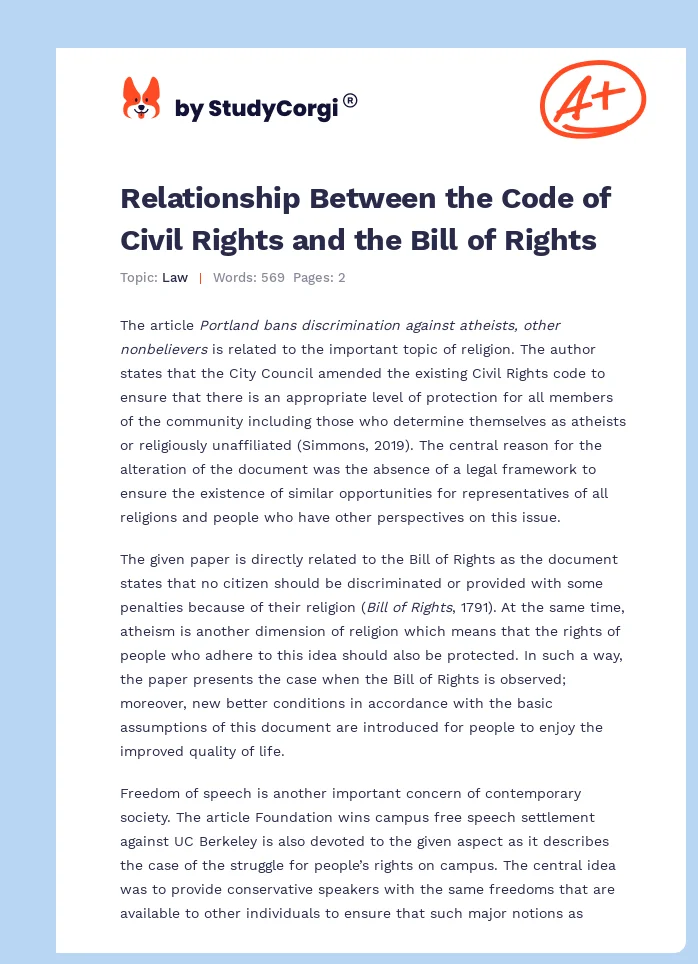 Relationship Between the Code of Civil Rights and the Bill of Rights. Page 1