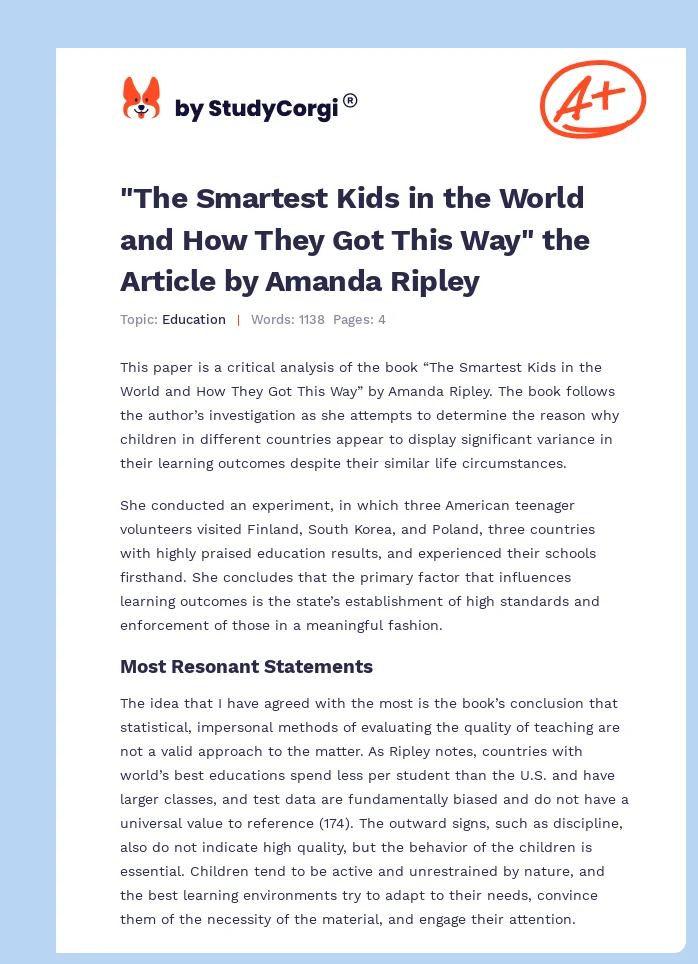 "The Smartest Kids in the World and How They Got This Way" the Article by Amanda Ripley. Page 1