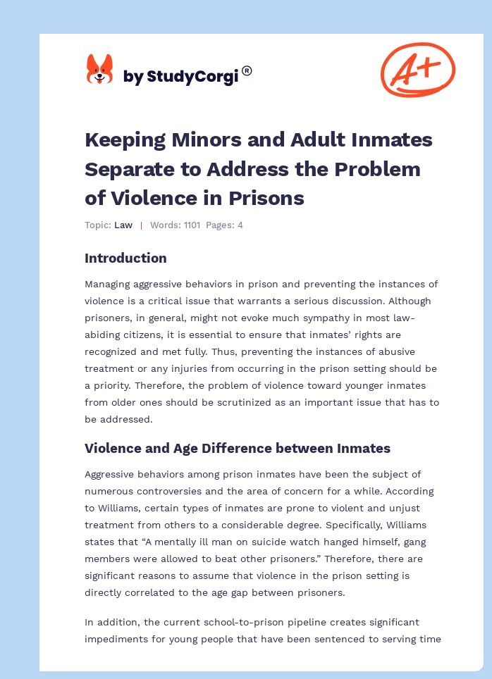 Keeping Minors and Adult Inmates Separate to Address the Problem of Violence in Prisons. Page 1