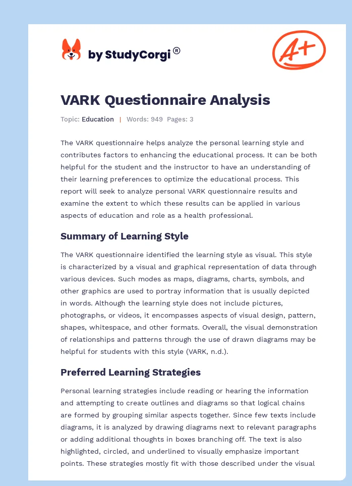 VARK Questionnaire Analysis. Page 1