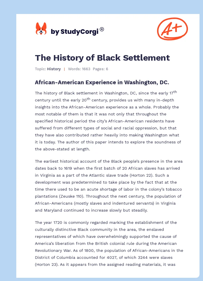 The History of Black Settlement. Page 1