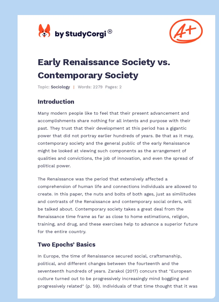 Early Renaissance Society vs. Contemporary Society. Page 1