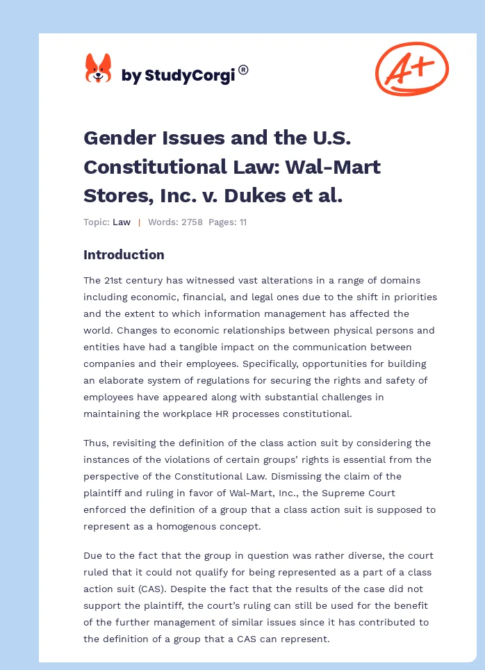 Gender Issues and the U.S. Constitutional Law: Wal-Mart Stores, Inc. v. Dukes et al.. Page 1