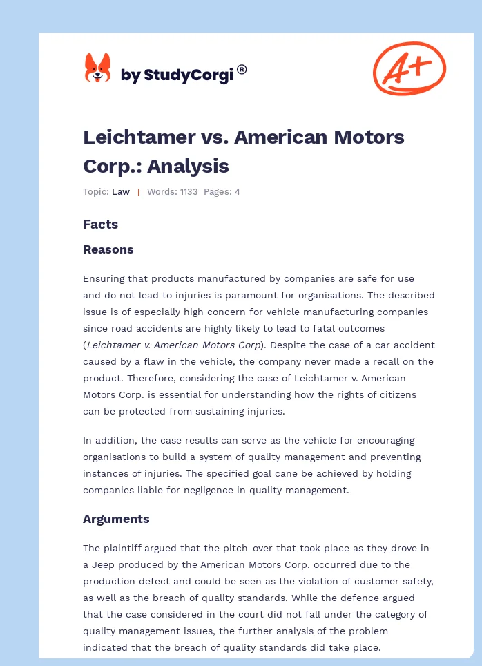 Leichtamer vs. American Motors Corp.: Analysis. Page 1