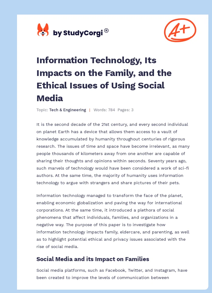 Information Technology, Its Impacts on the Family, and the Ethical Issues of Using Social Media. Page 1