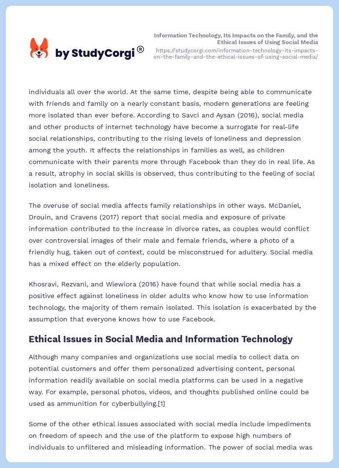 Information Technology, Its Impacts on the Family, and the Ethical Issues of Using Social Media. Page 2