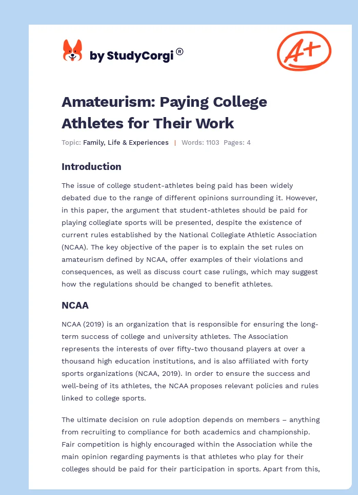 Amateurism: Paying College Athletes for Their Work. Page 1