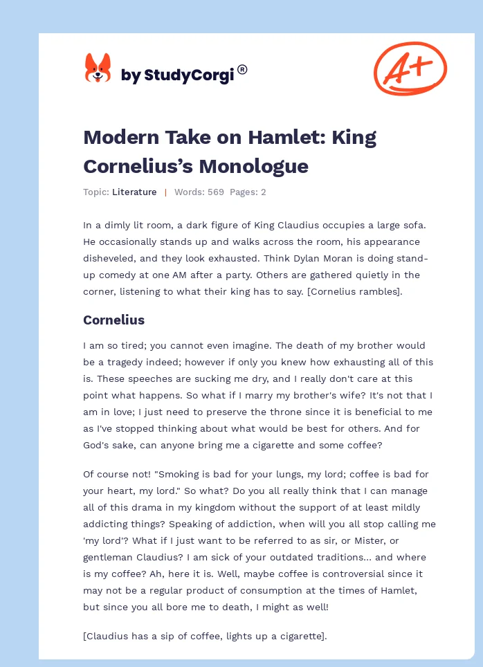 Modern Take on Hamlet: King Cornelius’s Monologue. Page 1
