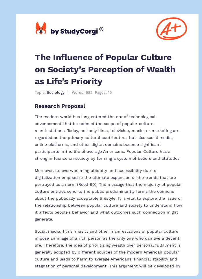 The Influence of Popular Culture on Society’s Perception of Wealth as Life’s Priority. Page 1