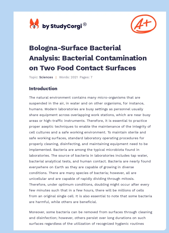 Bologna-Surface Bacterial Analysis: Bacterial Contamination on Two Food Contact Surfaces. Page 1