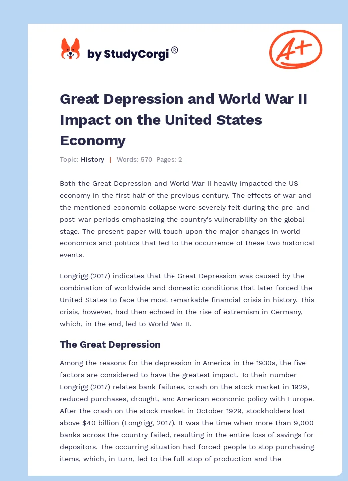 Great Depression and World War II Impact on the United States Economy. Page 1