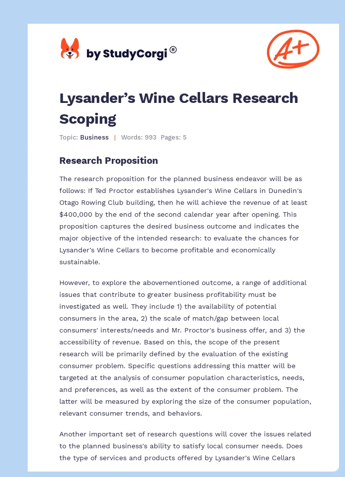 Lysander’s Wine Cellars Research Scoping. Page 1
