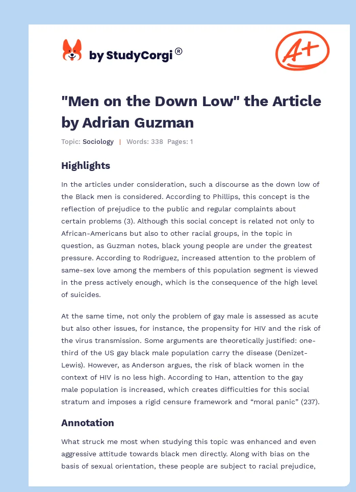 "Men on the Down Low" the Article by Adrian Guzman. Page 1