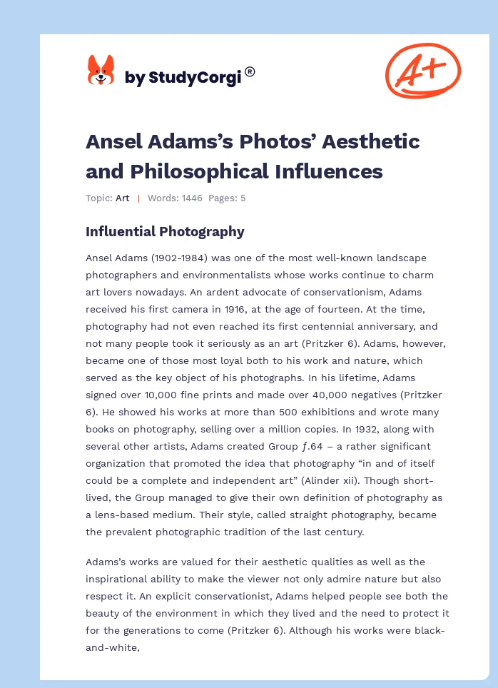 Ansel Adams’s Photos’ Aesthetic and Philosophical Influences. Page 1