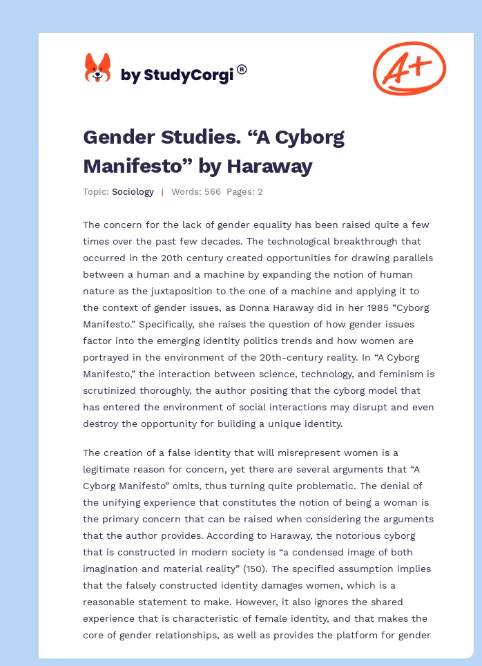 Gender Studies. “A Cyborg Manifesto” by Haraway. Page 1