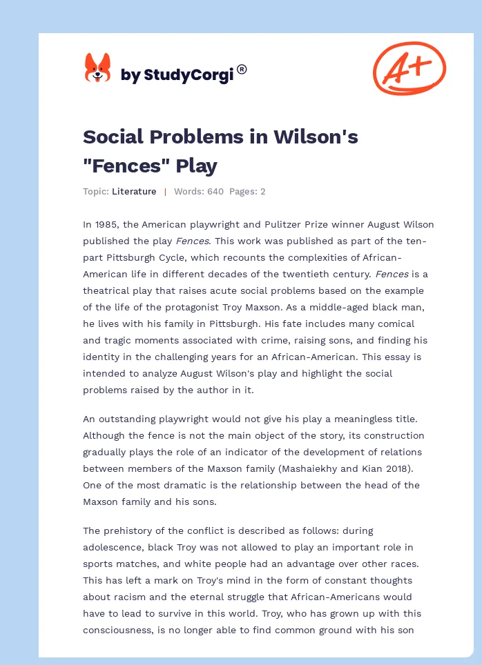 Social Problems in Wilson's "Fences" Play. Page 1