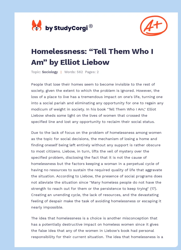 Homelessness: “Tell Them Who I Am” by Elliot Liebow. Page 1
