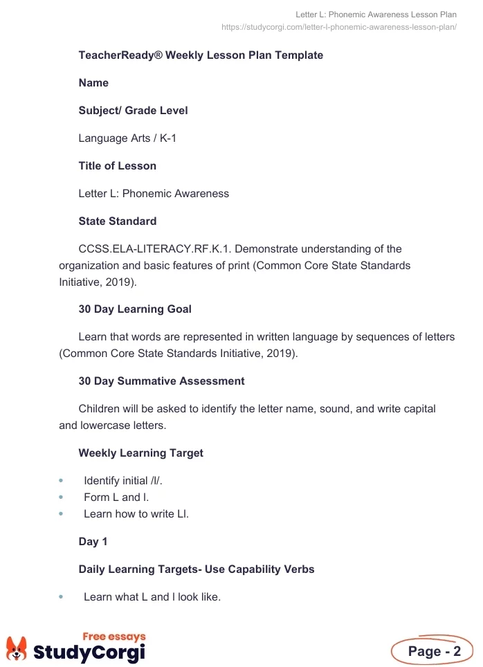 "Letter L: Phonemic Awareness" Lesson Plan. Page 2