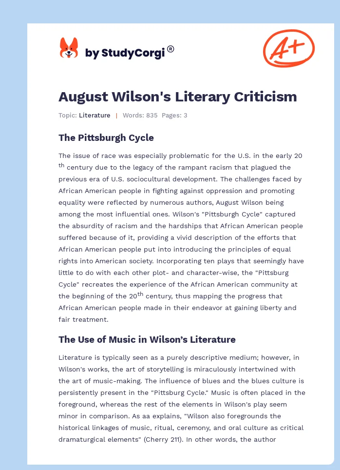 August Wilson's Literary Criticism. Page 1