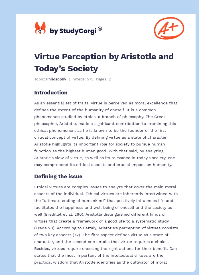 Virtue Perception by Aristotle and Today’s Society. Page 1