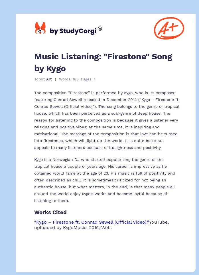 Music Listening: "Firestone" Song by Kygo. Page 1