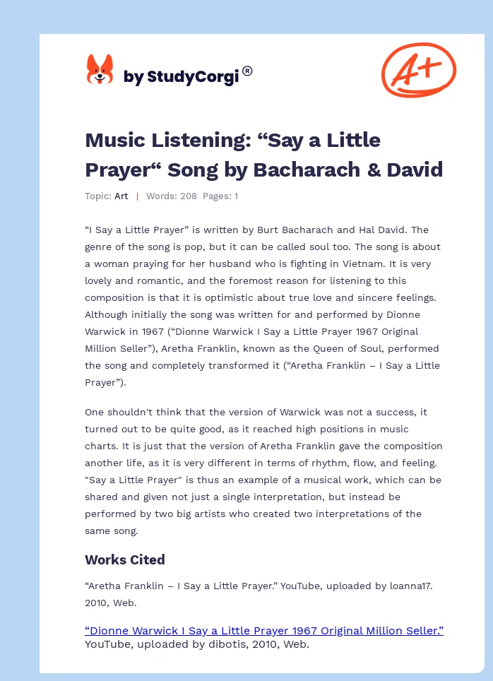 Music Listening: “Say a Little Prayer“ Song by Bacharach & David. Page 1