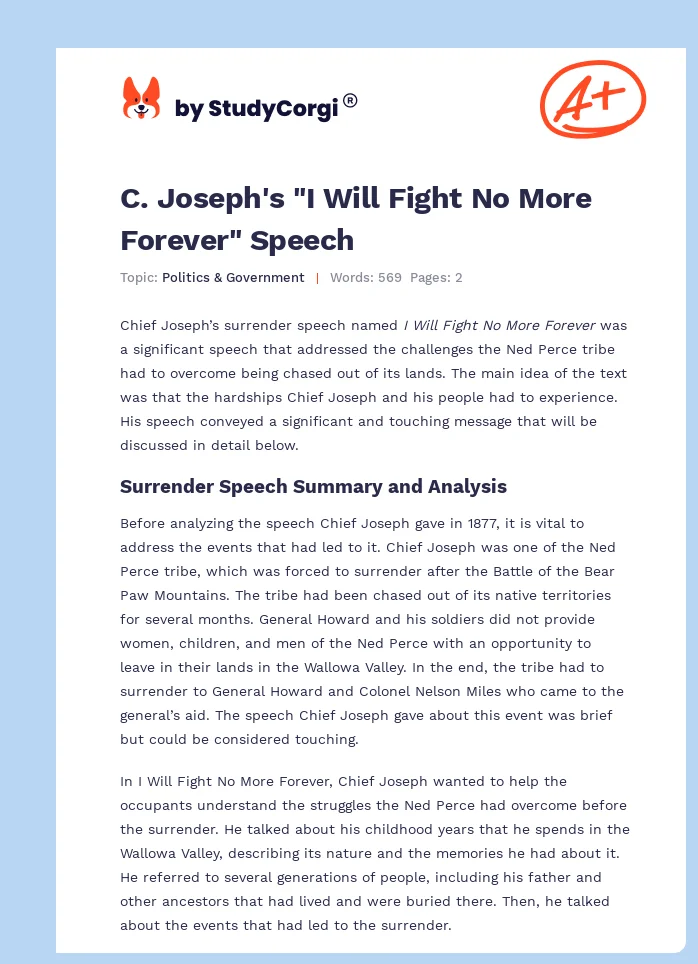 C. Joseph's "I Will Fight No More Forever" Speech. Page 1