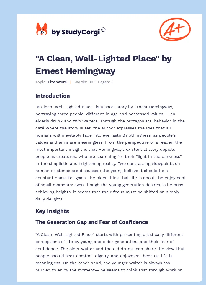 "A Clean, Well-Lighted Place" by Ernest Hemingway. Page 1